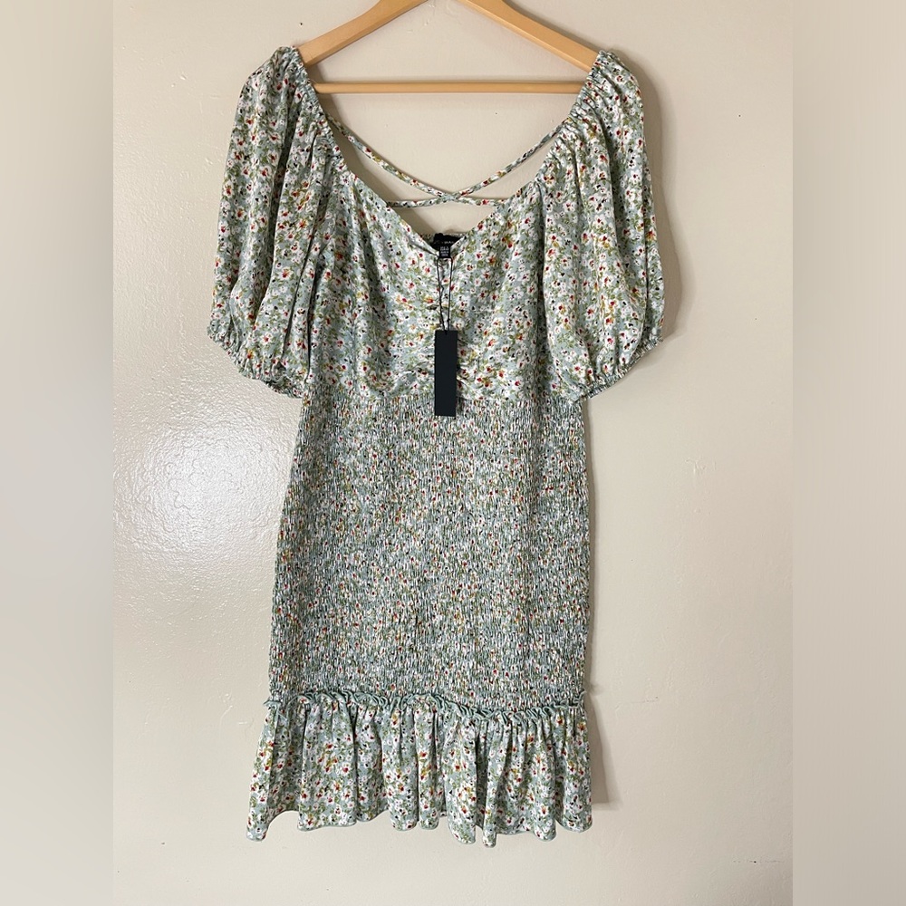 Lucy Paris Green Floral Smocked ruffles hem Dress